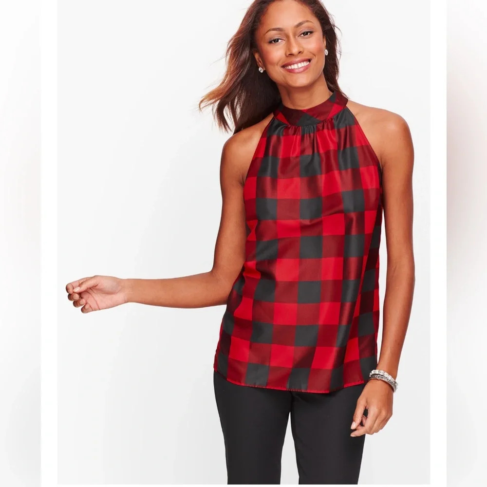 Talbots Red Buffalo Plaid Tie Neck Tank NEW